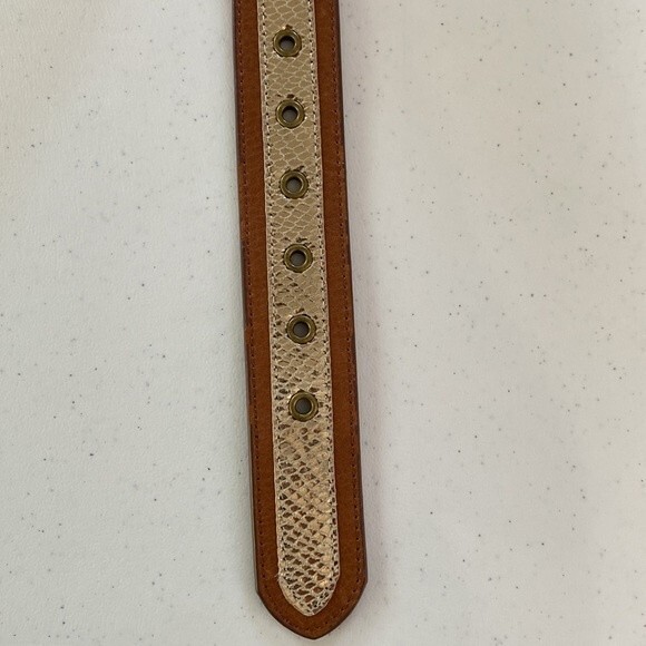 Chico\'s Shiny Gold Faux Snakeskin Brown Leather Belt Antique Brass Hook Buckle main image 6
